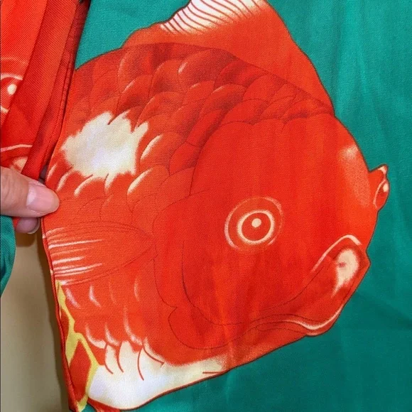 NIP Colorful Teal Orange Gold Fish Print Button Pointed 70s Style Retro Blouse S - Picture 8 of 11